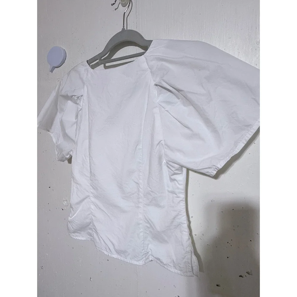 Banana Republic White Cotton Ruched V-Neck Puff Sleeve Blouse Size 2
